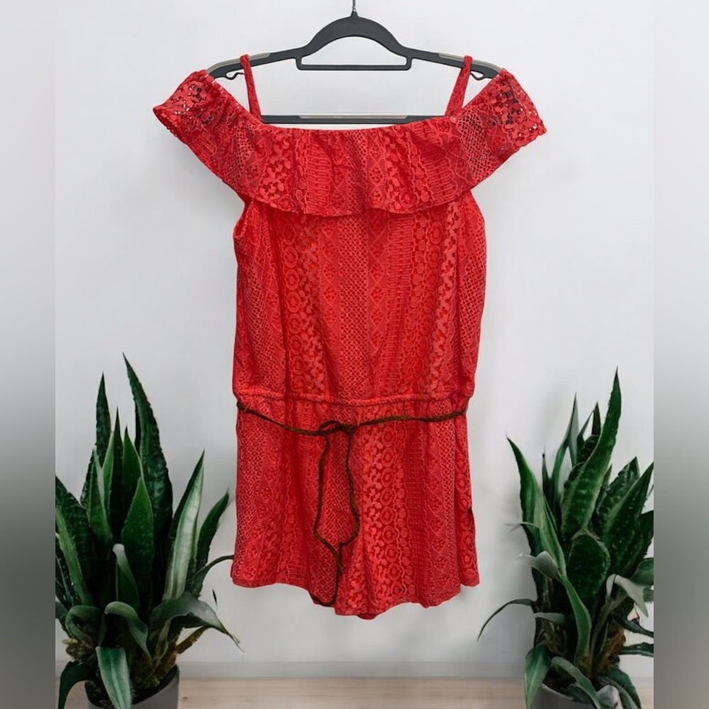 Justice Girls Ruffle Coral Lined Lace Romper Size 20 Off Shoulder